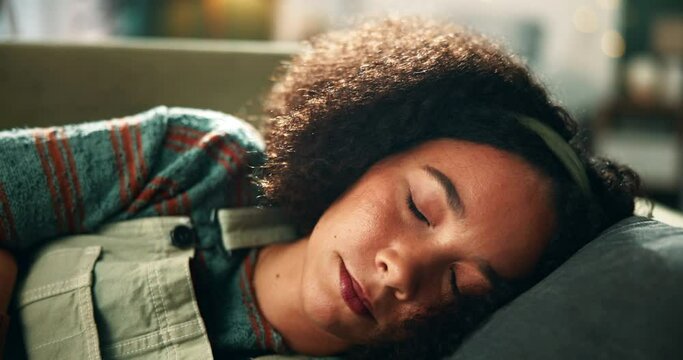 Woman, phone and sleep on sofa in home with waiting for online date, notification or contact on app. Girl, tired and exhausted on couch with check, update and mobile network at apartment in Toronto