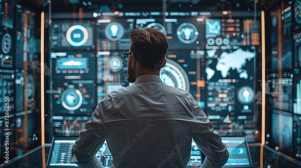 Aufkleber man in internet office, future technology, 5g technology, technology-based mobile interface, informa