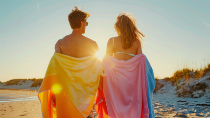 Beautiful male and female caucasian couple at beach returning from water drying themselves with beach towel after a beach and swim afternoon during summer holidays