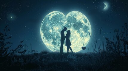 Romantic night scene vector for Valentines Day with a couple silhouetted against a full moon in a heart shape