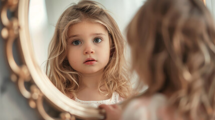 Young girl kid looking at her reflexion in the mirror representing female social pressure to be beautiful from young age