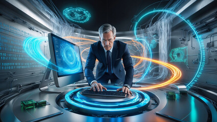 A person at the intersection of digital technology, internet connectivity, big data, digital marketing and cutting-edge innovation and connectivity.