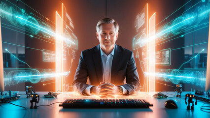 A person at the intersection of digital technology, internet connectivity, big data, digital marketing and cutting-edge innovation and connectivity.