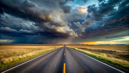 Dramatic highway under stormy sky, leading into the horizon with contrasting skies and golden fields on either side. Perfect for travel themes.