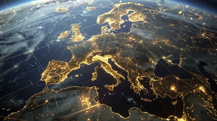 Satellite network orbiting Earth, Europe highlighted and enveloped in a celestial net, raw and intricate, stars visible