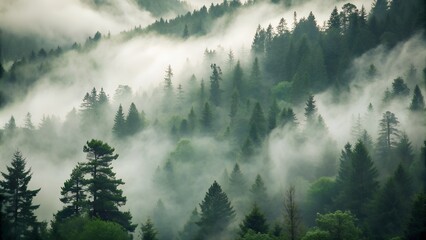 Misty pine forest landscape with dense fog and lush greenery, perfect for nature, environment, and tranquility-inspired visuals.