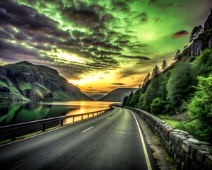 Scenic coastal road at sunset with dramatic clouds and lush green mountains, perfect for travel and adventure themes.