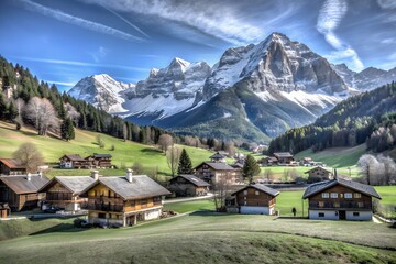 Fototapeta premium Scenic alpine village with cozy wooden houses, lush green meadows, and majestic snow-capped mountains under a clear blue sky.