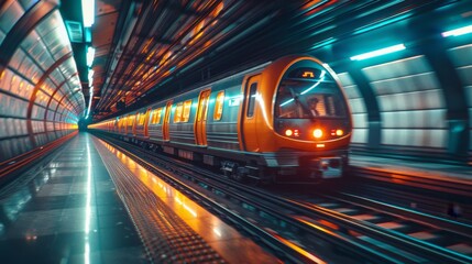 Fototapeta premium High-Speed Subway Train in Motion - Generative AI