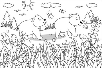 Bear cubs exploring world in summertime coloring page
