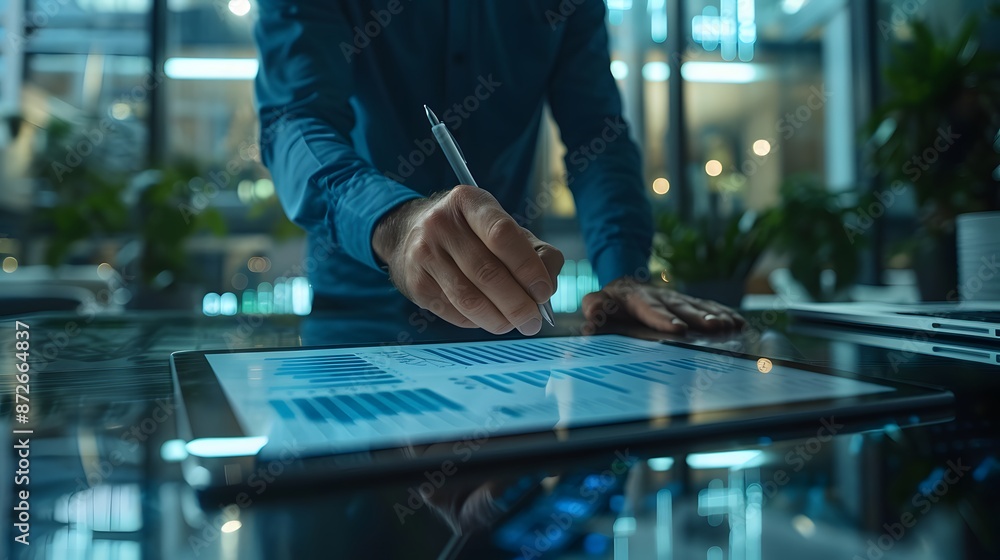 Poster a professional analyzing data on a tablet in a modern office environment, focusing on business metri
