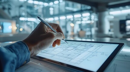 Naklejka premium Architect working on digital tablet with stylus pen creating building plans in modern office space.