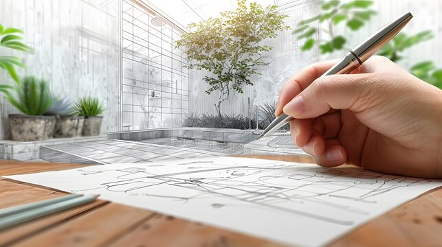 Architect's hand sketching modern house design with pencil, outdoor natural light, showing creative process in architectural studio.