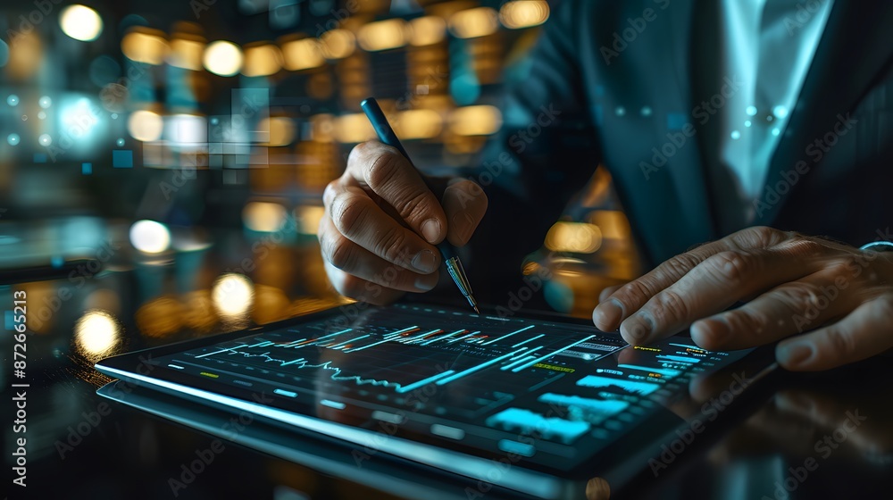 Poster businessman analyzing data on a digital tablet with financial graphs and charts in a modern office e
