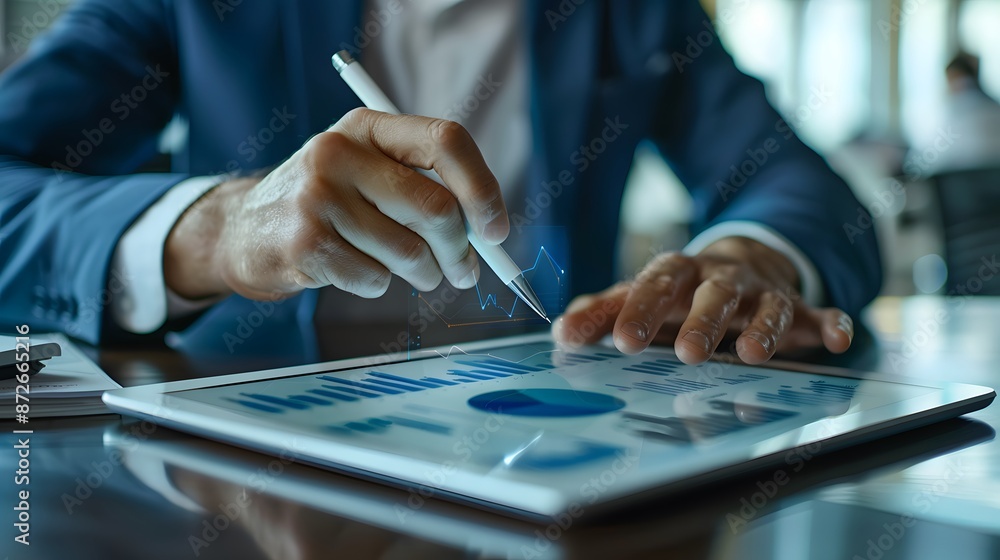 Poster businessman analyzing financial data on a tablet using a stylus, showcasing charts and graphs in a m