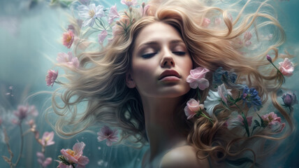 Dream-like fantasy illustration of a woman with long blond hair. Her eyes are closed, and she is surrounded by pink and blue flowers. Surreal.