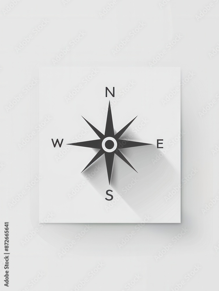 Poster a simple black and white compass rose with a long shadow, perfect for use in navigation apps and tra