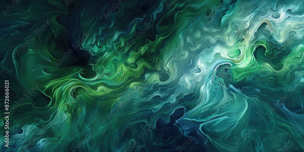 Poster an abstract artwork with green and blue swirls, creating fluid dynamics, evoking a mesmerizing and d