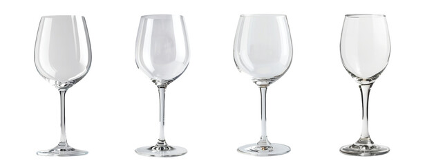 Collection of transparent wine glasses, mockup template for artwork graphic design isolated on transparent background cutout png