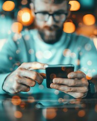 A man in a blue sweater uses his smartphone with a blurred background of lights.