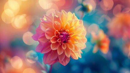 Vibrant flower close-up, multi-colored backdrop, another flower blurred in the foreground, depth of field effect, raw style