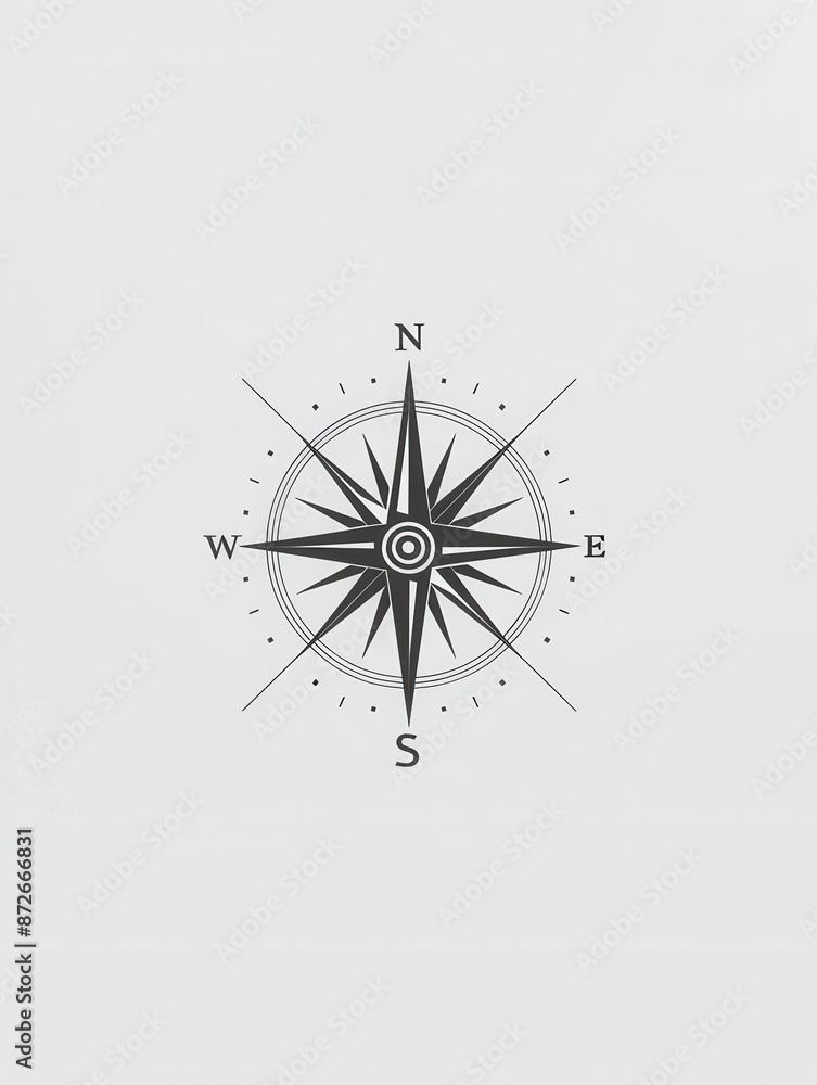 Poster Simple black and white compass rose on light gray background - perfect for navigation apps and travel services. Generative AI