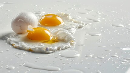 Whole eggs and cracked ones on a white floor, with yolk splattered, white background, raw and textured