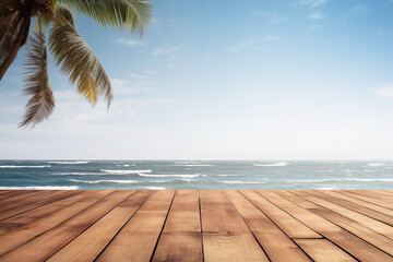 Fototapeta premium Empty board, sea and palm trees in the background.
