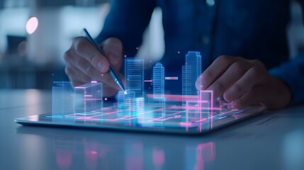 Person designing a digital city with a stylus on a tablet, showcasing technology and innovation in urban planning.