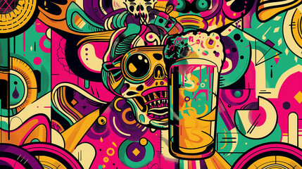 Obraz premium A vibrant and colorful illustration of the cap of beer, surrounded by abstract shapes that represent different music green eyed soulful jazzy vibes. The background is filled with psychedelic patterns