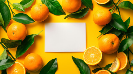 A white card in the center of an orange fruit frame, surrounded by oranges and green leaves on a yellow background in the style of a flat lay