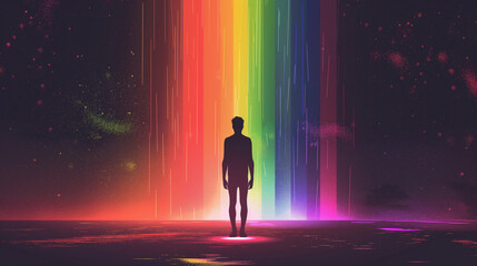 Fototapeta premium Silhouette of a man standing in front, a rainbow aura surrounding him with a black background