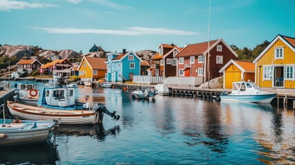 Fototapeta premium A small town with many colorful houses and boats on the water. Generate AI