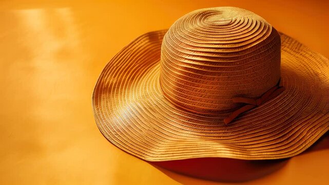 Wide-brimmed straw hat with bow on orange background