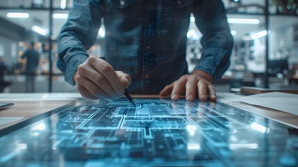 Person working on a digital touchscreen surface with technical drawings in a modern office, representing technology and innovation.