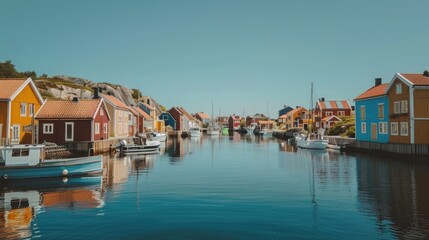Obraz premium A small town with many colorful houses and boats on the water. Generate AI