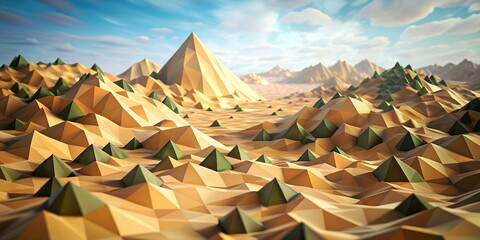 Polygon Strukturen Landschaft mit Wüste und Trockenem Boden - Sand und Berge - Futuristische geometrische Formen