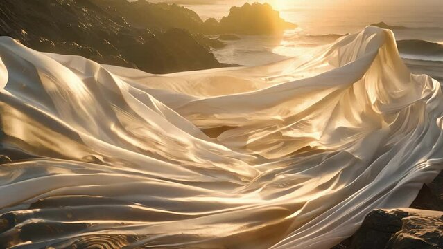 The fabric appears weightless as it effortlessly drifts and twists following the curve of the coastline.