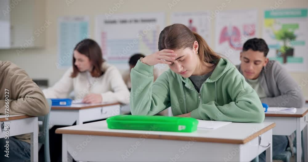 Poster girl, stress and writing test in classroom with thinking, remember and confused by question in paper