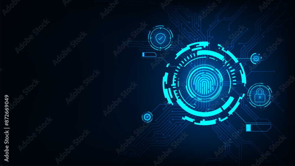 Poster abstract technology cyber security online banking concept. fingerprint on circuit board.
