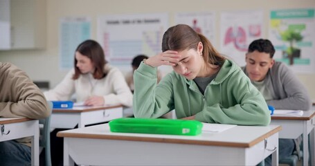 Girl, stress and writing test in classroom with thinking, remember and confused by question in paper. Student, teenager and high school kids with anxiety, mistake or learning disability at academy - Powered by Adobe