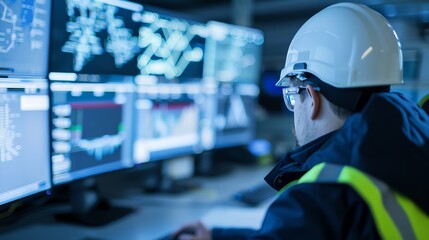 Engineer analyzing multiple data screens in a control room, focusing on system performance and operational efficiency.