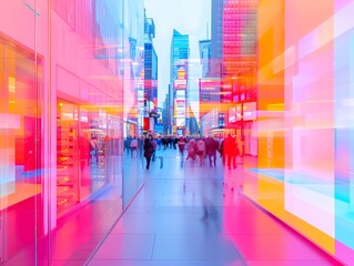 Vibrant, futuristic cityscape with motion-blur effect, showcasing colorful neon lights and bustling downtown crowds.