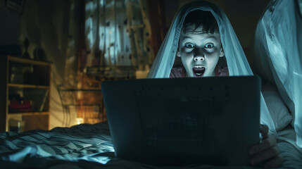 Fototapeta premium Scary dark bedroom a kid looks shock while using laptop