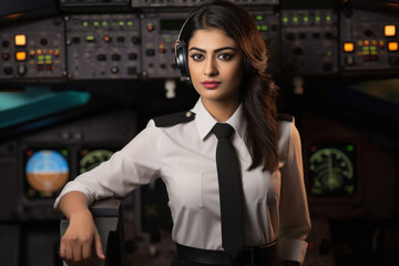 young and confident female pilot in uniform