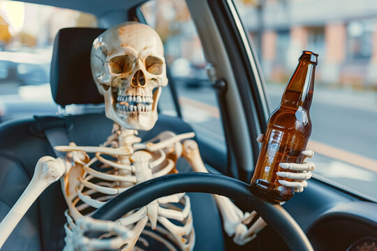 Human skeleton driving a car with a beer bottle is a humorous way to highlight the dangers of drunk driving and raise awareness.