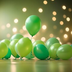 Green party balloons with bokeh lights background for birthday, wedding, anniversary, holiday or celebration