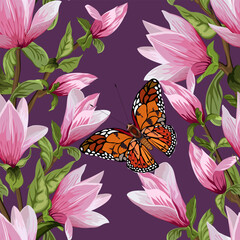 Vector pattern with blooming magnolia.Bright butterfly on the branches of a magnolia on a colored background in a seamless vector pattern.