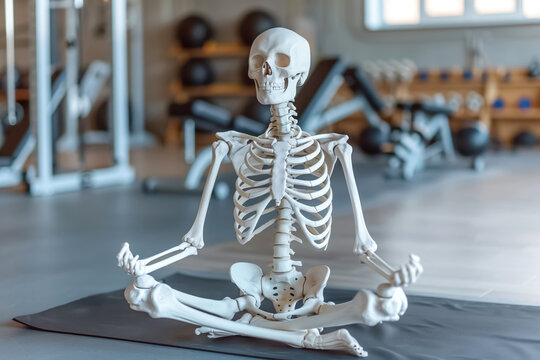 In a gym setting, a skeleton is meditatively posed among fitness tools, representing a blend of balance, mindfulness, and mindbody connection