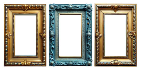 3 Antique carved gilded frame isolated on white background. Vintage golden rectangle frame for photo.